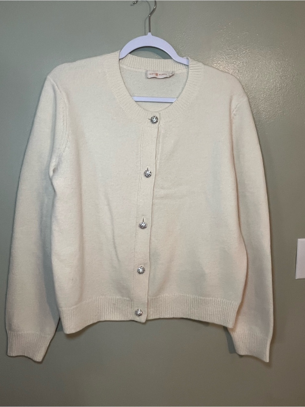 Tory Burch Cream Crystal-Button Knit Cardigan Wool Preppy L - Picture 3 of 11